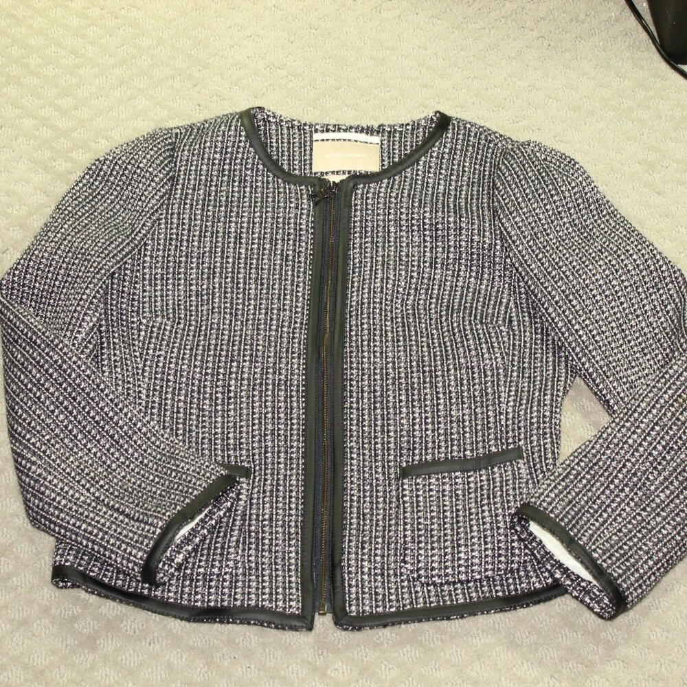 Banana Republic Sz 8 Black White Silver Tweed Faux Leather Trimmed Lined Blazer